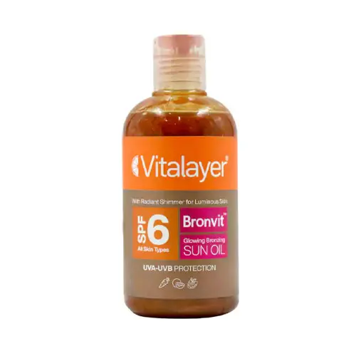 روغن آفتاب برنزه کننده SPF6 صورت و بدن برن ویت اکلیلی ویتالیر|Vitalayer SPF6 Bronvit shine Sun Oil 250 ml
