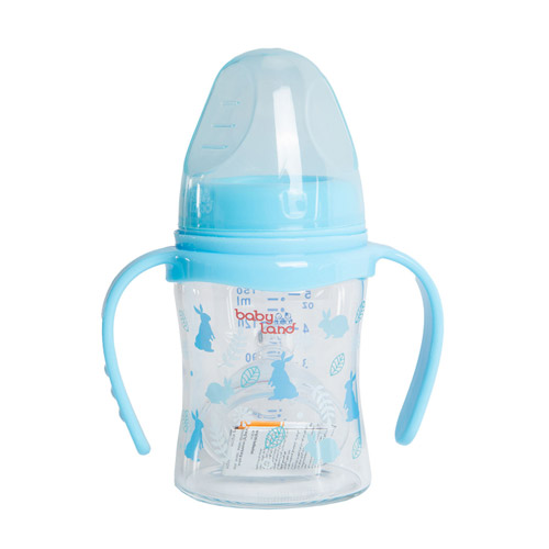 شیشه شیر خوری پیرکس دسته دار دهانه عریض ارتودنسی بی بی لند 150 میل|Baby Land Orthodontic Pyrex Milk Bottle Wide Mouth with handle 150ml