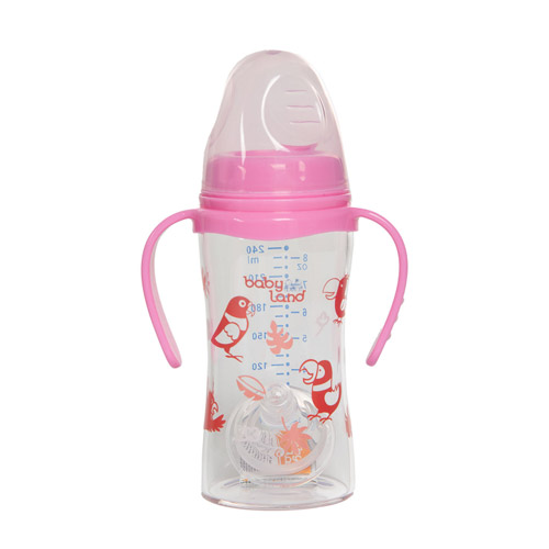 شیشه شیر خوری پیرکس دسته دار دهانه عریض فندقی بی بی لند 240 میل|Baby Land Pyrex Milk Bottle Wide Mouth with handle 240ml