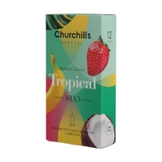 کاندوم تروپیکال موز و نارگیل و توت فرنگی روان کننده چرچیلز 12 عددی|Churchills Tropical Exciting Mix3 Flavors Condom 12Pcs