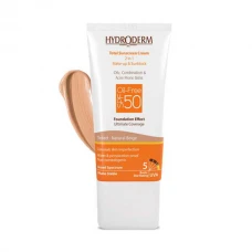 کرم ضد آفتاب با spf50 فاقد چربی باپوشش کرم پودری هیدرودرم |HYDRODERM 2in1 make up & Sunblock SPF50 Oil Free Total Sunscreen Cream