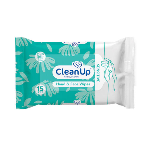 دستمال مرطوب دست و صورت مناسب پوست حساس 15 عددی کلین آپ|Clean Up Hand And Face Wipes Sensetive 15 Pcs