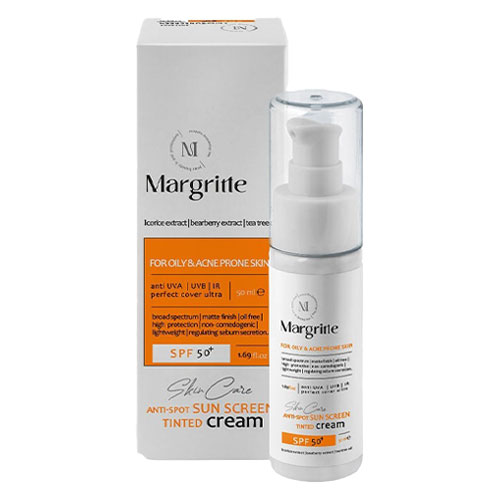 کرم ضدآفتاب و روشن‌کننده رنگی SPF50 مناسب پوست چرب و مستعد آکنه مارگریت