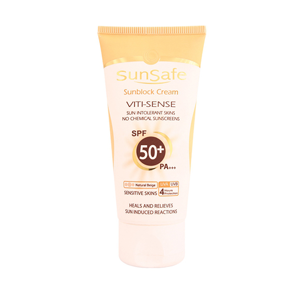 کرم ضد آفتاب فاقد جاذب های شیمیائی SPF50 سان سیف حجم 50 میل-بژ